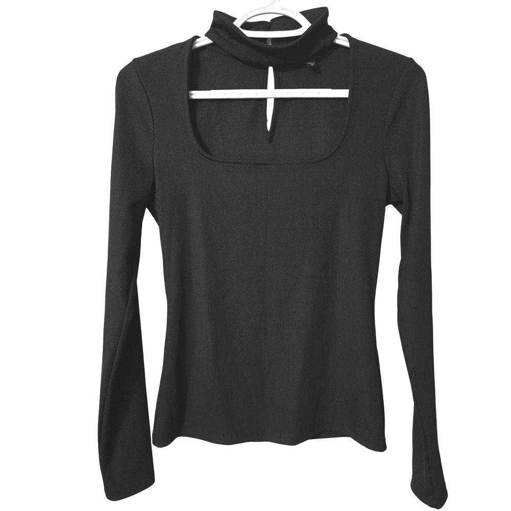 GUESS Black Ribbed Mock Square Neck Cutout Long Sleeve Top W0BP42R8TZ0 Womens M